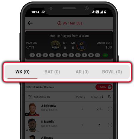 Select Teams for Cricket Contests on fantasy app